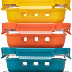 Glass Food storage container with Glass lids Glass Bento Box Set Lunch box Eco Friendly Meal Prep Containers Airtight – Plastic Free, silicon sleeve BPA Free 4.4cup/ 5 * 1050ml