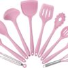 Silicone Cooking Utensils Set of 10,  Black Kitchen Utensils Set for Cooking, 446°F Heat Resistant Silicone Kitchen Tools with Turner Spatula, Soup Ladle, Spoons for Nonstick Cookware, Pink