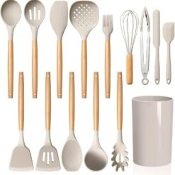 15-Piece Kitchen Cooking Utensils Set with Holder, Silicone Cooking Utensils Include Spatula Tong Slotted Spoon Turner Whisk Brush, Wooden Handle Kitchen Tools for Nonstick Cookware, Khaki