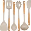 Kitchen Utensils Set, Large Non-stick Silicone Cooking Utensils Set 6 Pcs, Wooden Handle Heat Resistance Silicone Spatula Soup Ladle Pasta Server Kitchen Gadgets Utensils Set BPA Free (Khaki)