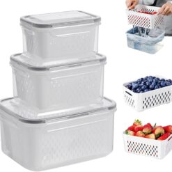 Household Transparent Plastic Food Storage Box-Including Drain Basket, Pack of 3 Drain Storage Basket, Transparent Kitchen Drain Storage Basket (L Black)