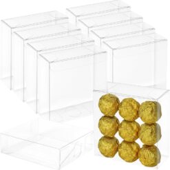 30 Pack Plastic Favour Boxes with Full Window, 4x4x1.2inch Small Clear Treat Boxes for Packaging Cookies, Chocolate, Macaron, Candy as Wedding, Christmas Party, Festival Gift