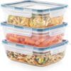 3-Pack (8.5-Cup) Plastic Food Storage Containers Set, Leakproof & Airtight Locking Lids Rectangular Tupperware, Non-Toxic BPA-Free Lids, Microwave Dishwasher Freezer Safe
