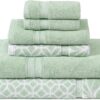 Trefoil Filigree 6-Piece 100% Cotton Towel Set – Reversible Yarn Dyed Jacquard – Includes 2 Bath Towels, 2 Hand Towels, 2 Washcloths – Absorbent, Quick Dry, Soft & Durable – Sage Green