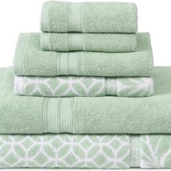Trefoil Filigree 6-Piece 100% Cotton Towel Set – Reversible Yarn Dyed Jacquard – Includes 2 Bath Towels, 2 Hand Towels, 2 Washcloths – Absorbent, Quick Dry, Soft & Durable – Sage Green