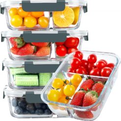 Glass Meal Prep Containers 3 Compartments, 5 Pack 36 oz, Glass Food Storage Containers with Lids, Airtight Lunch Bento Box, Portion Control, Freezer and Microwave Safe