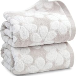 Soft Bath Towels 2 Pack, Super Absorbent Shower Towels 27.5x55 Inches, Cute Floral Jacquard Bathroom Set, Cotton, Light Beige