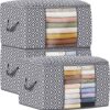 100L Storage Containers, Large Clothes Storage Bins Foldable Organization and Storage Bags with Reinforced Handle, Clear Window for Bedding, Blankets, Clothing, 3 Pack, Grey