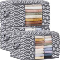 100L Storage Containers, Large Clothes Storage Bins Foldable Organization and Storage Bags with Reinforced Handle, Clear Window for Bedding, Blankets, Clothing, 3 Pack, Grey