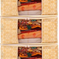 Non-woven Fabric Flower Design Clothes Wardrobe Organiser Set with Transparent Window and Zip Clothes Storage Bag Ideal for , Suit, Dress and Saree Packing Covers (Beige, Pack of 3)