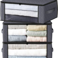 Storage 3-Pack Clothes Organizer Storage Bags Foldable Storage Box with Large Clear Window Sturdy Handles for Closet, Dorm, Pillows, Bedding, Clothes, Blankets, 35L, Gray